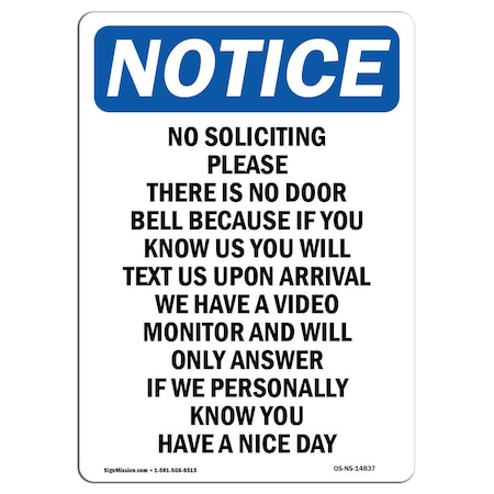 Signmission Safety Sign, OSHA Notice, 5" Height, No Soliciting Please There Is Sign, Portrait OS-NS-D-35-V-14837